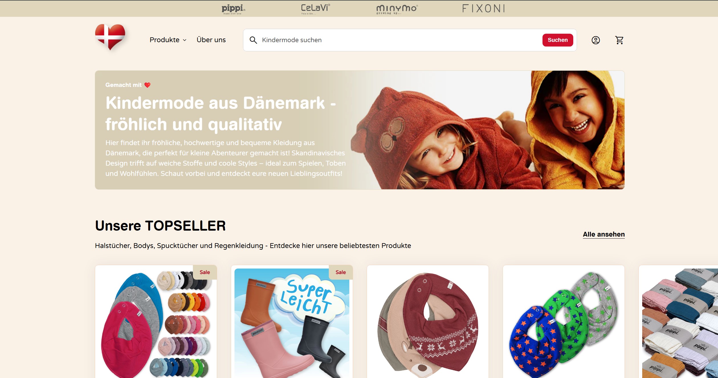 Screenshot der Startseite von www.kindermode-daenemark.de